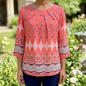 Pink Owl Coral Boho Floral Print Blouse Pleated Front Button Back Top Sz S EUC